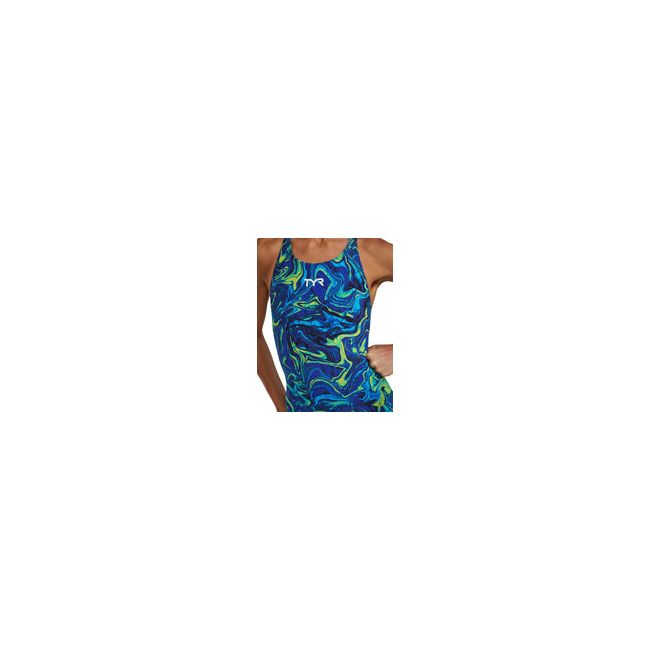 Costum înot întreg femei TYR Thresher Open Back - albastru/verde