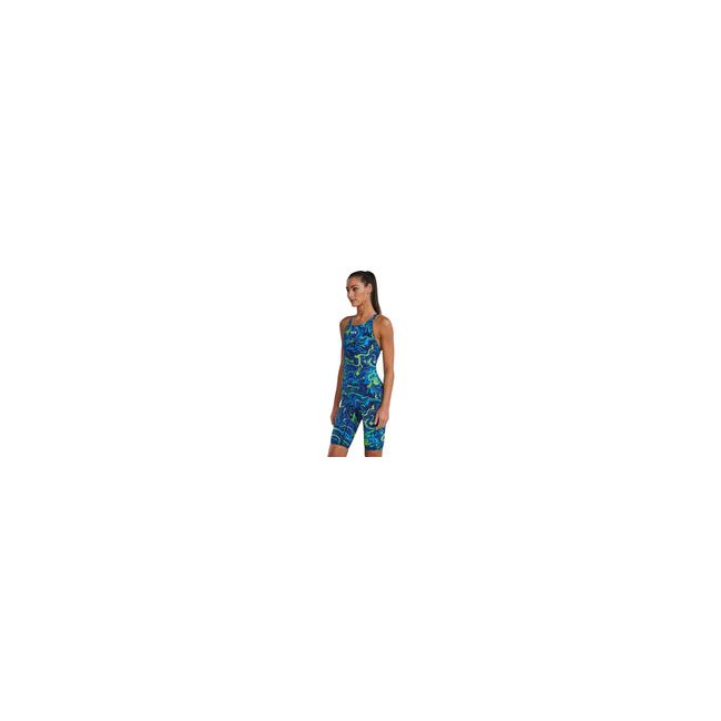 Costum înot întreg femei TYR Thresher Open Back - albastru/verde