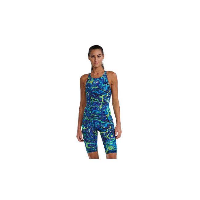 Costum înot întreg femei TYR Thresher Open Back - albastru/verde