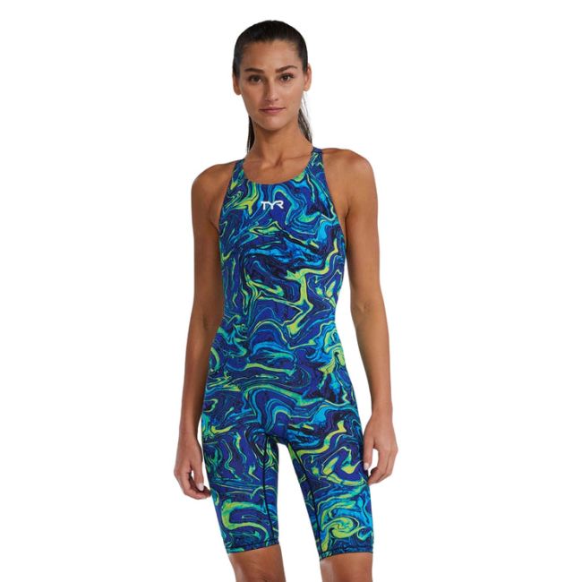 Costum înot întreg femei TYR Thresher Open Back - albastru/verde