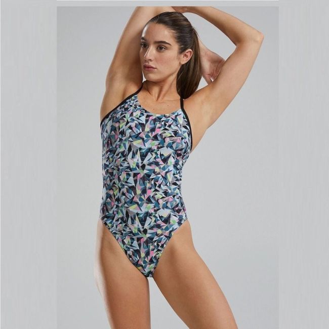 Costum înot întreg femei TYR Prismbreak Cutoutfit - negru/multicolor