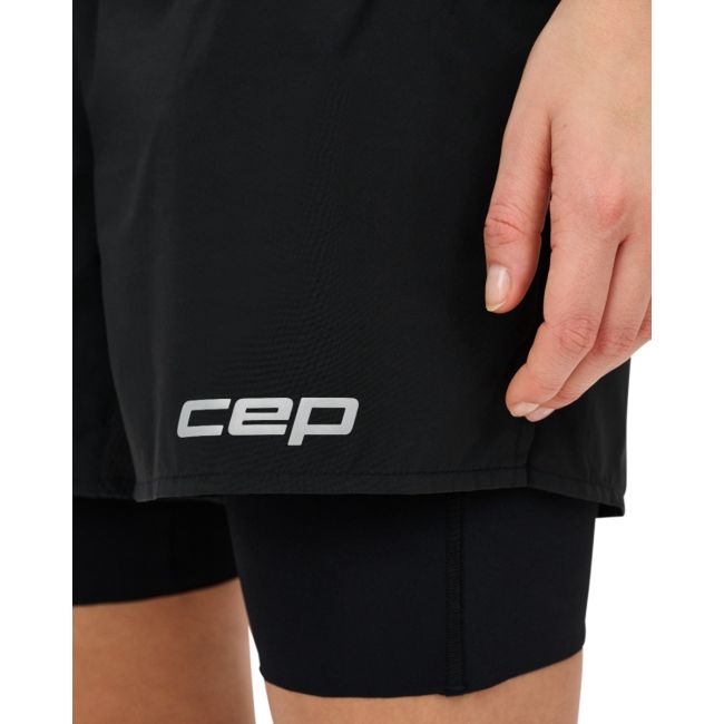 Pantaloni scurți alergare CEP Core Run 2in1 femei - negru | compresie + libertate mișcare