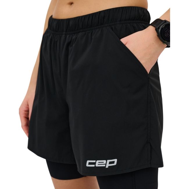 Pantaloni scurți alergare CEP Core Run 2in1 femei - negru | compresie + libertate mișcare