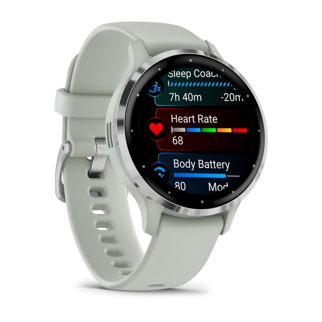 Garmin - Venu 3s smartwatch cu GPS și AMOLED - ramă argintie din oţel inoxidabil şi carcasă sage grey şi brăţară din silicon
