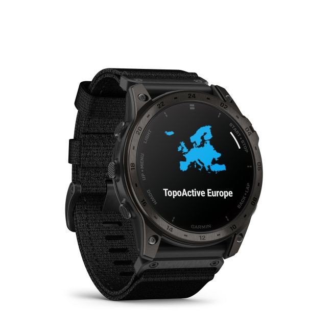 Garmin - Tactix 7 AMOLED Sapphire ceas multisport cu GPS - ramă neagră Titanium DLC și curea din silicon neagră + nailon