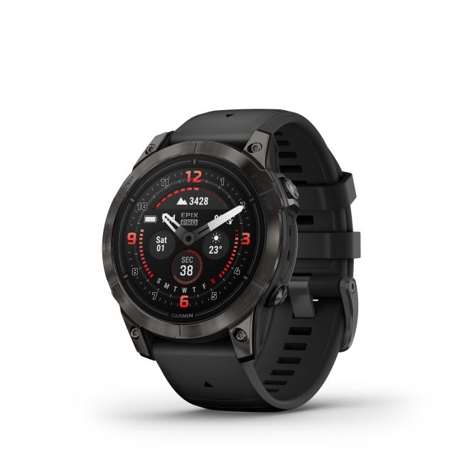 Garmin - epix Pro 47mm Gen 2 Sapphire smartwatch premium AMOLED - ramă gri din titanium DLC si curea din silicon neagră