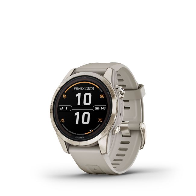 Garmin - fenix 7s Pro Sapphire Solar smartwatch premium cu incarcare solara 42mm - ramă Soft Gold si curea din silicon crem