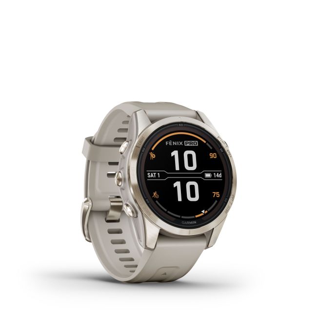 Garmin - fenix 7s Pro Sapphire Solar smartwatch premium cu incarcare solara 42mm - ramă Soft Gold si curea din silicon crem