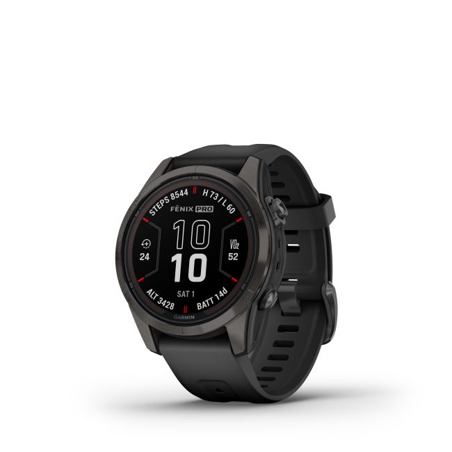 Garmin - fenix 7s Pro Sapphire Solar smartwatch premium cu incarcare solara 42mm - ramă gri din titanium DLC si curea din silicon neagră
