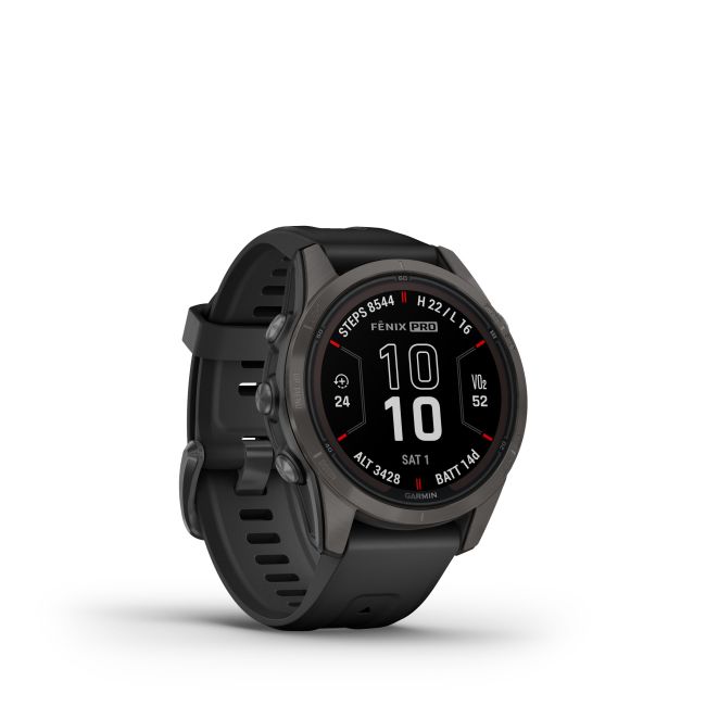 Garmin - fenix 7s Pro Sapphire Solar smartwatch premium cu incarcare solara 42mm - ramă gri din titanium DLC si curea din silicon neagră