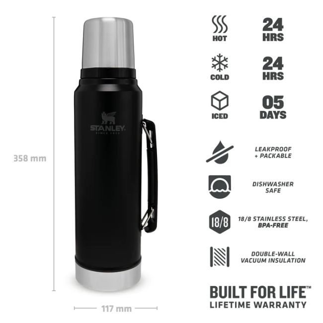 Stanley - termos clasic cu maner The Legendary Classic Bottle - negru mat piatra - 1 Litru