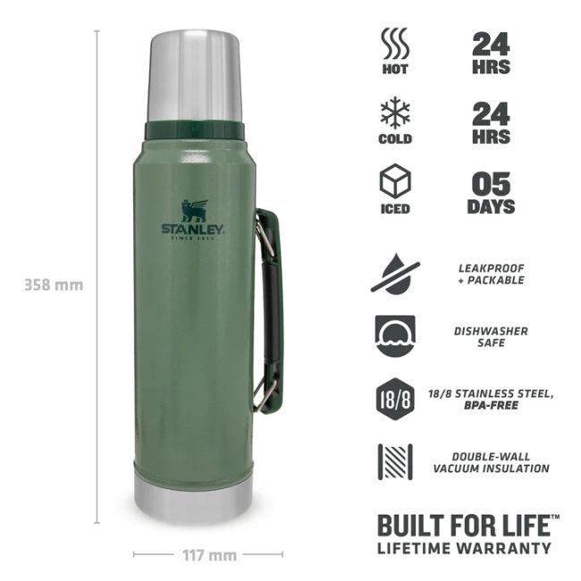 Stanley - termos clasic cu maner The Legendary Classic Bottle - verde Hammertone - 1 Litru