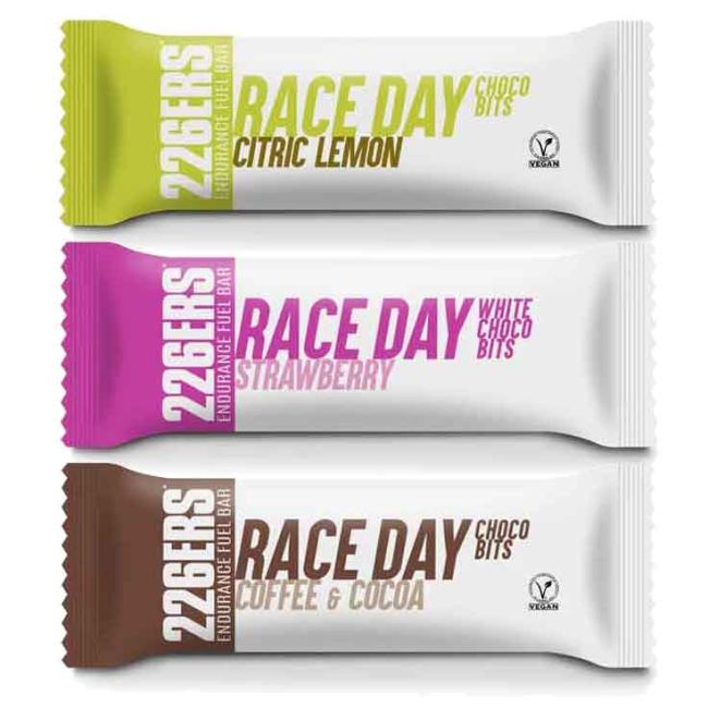 226ers - baton energizant endurance fuel bar - race day - bucatele ciocolata alba choco bits capsuni - 40g