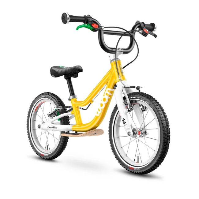 Woom - bicicleta copii 14" Woom 1 Plus, varsta recomandata 3-4.5 ani (95-110cm) - 4.2kg - galben soare intens alb