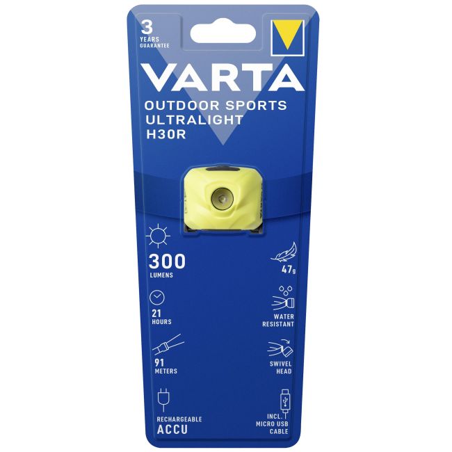 Varta - lanterna frontala Outdoor Sports Ultralight H30R reincarcabila Li-Polimer 300 lumeni - galben lime