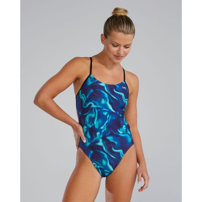 Costum înot întreg femei TYR Waveform Cutoutfit - albastru/verde | rezistent clor