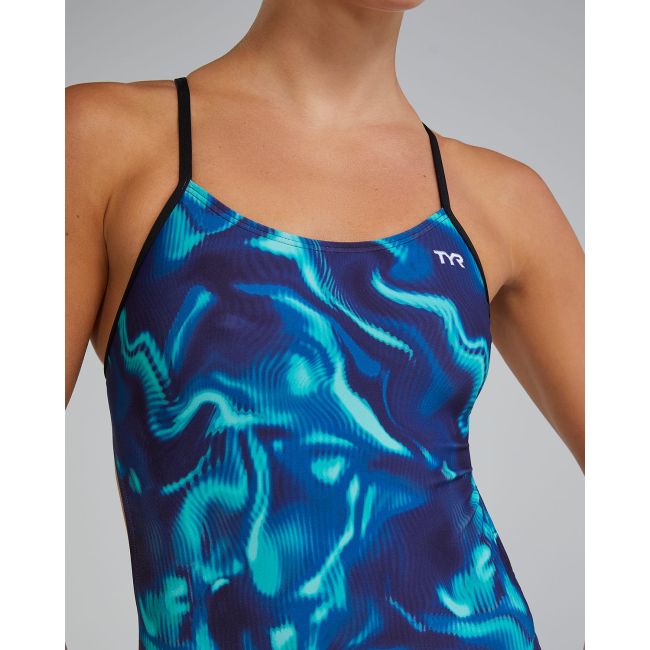 Costum înot întreg femei TYR Waveform Cutoutfit - albastru/verde | rezistent clor