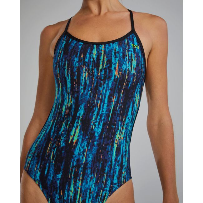 Costum înot întreg femei TYR Durafast Elite - albastru Rainbow/negru | rezistent clor