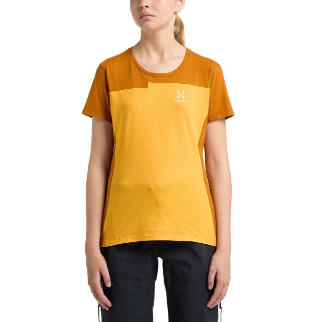 Haglöfs ROC Grip Tee W – Tricou din bumbac organic și cânepă cu imprimeu - Galben Sunny Yellow/Golden Brown