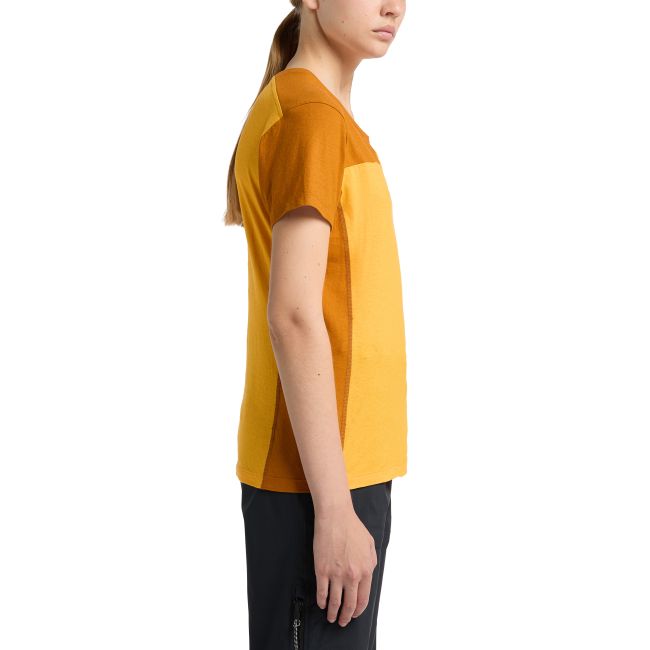 Haglöfs ROC Grip Tee W – Tricou din bumbac organic și cânepă cu imprimeu - Galben Sunny Yellow/Golden Brown