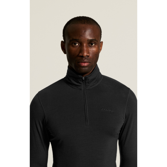 Craft Wool 95 HZ LS – Bluză strat de bază din lână merinos 95% cu fermoar scurt - Negru